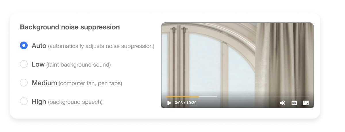 AI Noise Reduction for cleaning up existing video footage, offering background noise suppression options for improved audio quality.